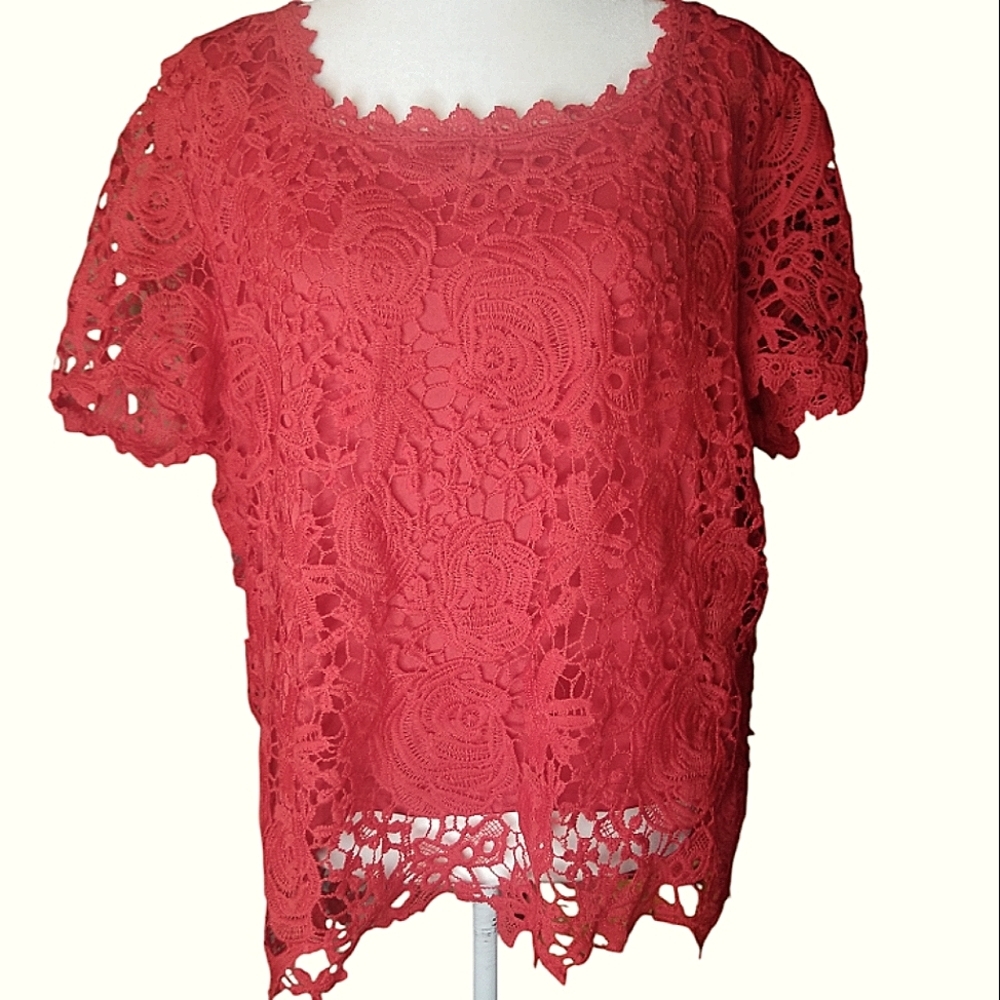 Japna Red Lace Short  Sleeve Lined Blouse